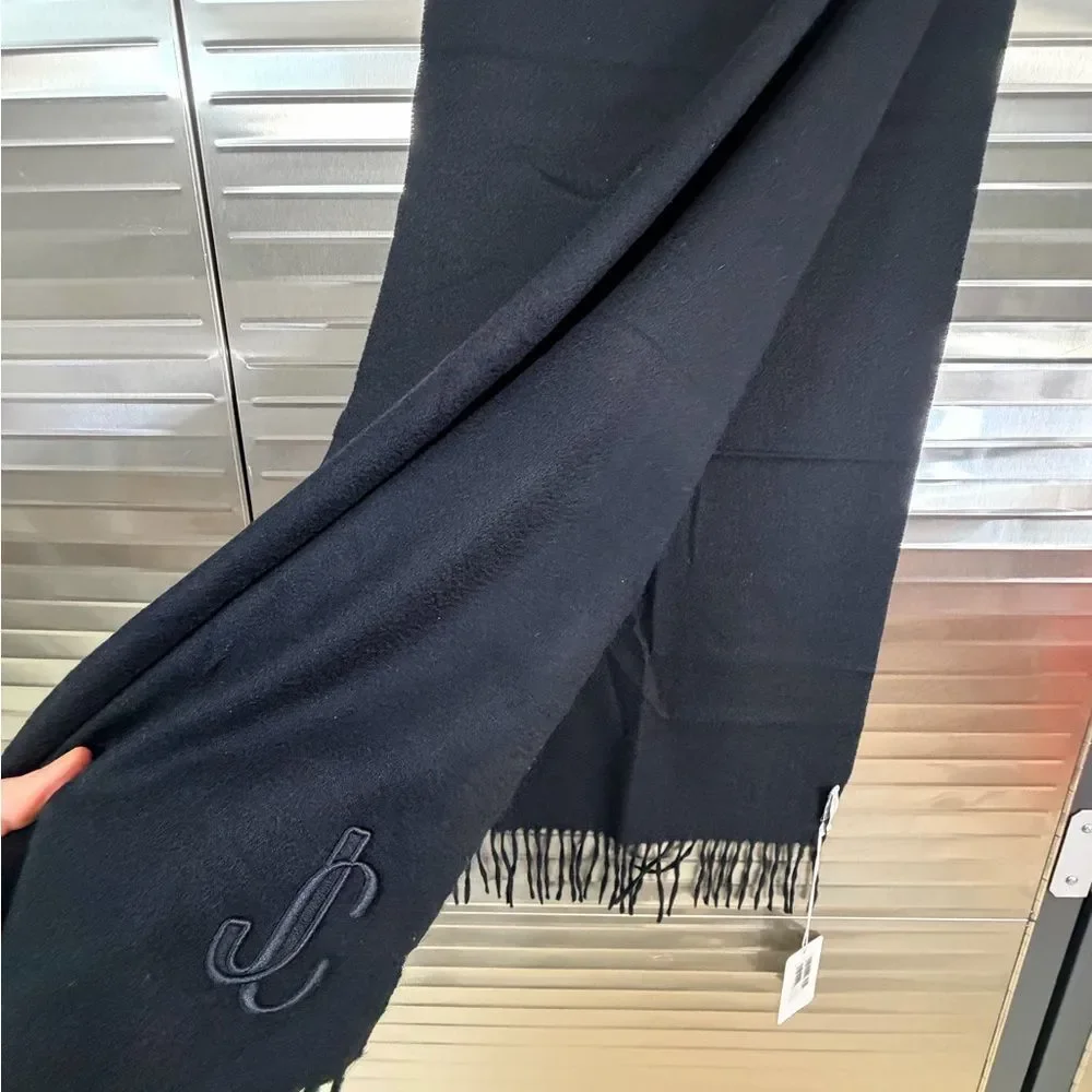 Jimmy Choo NWT Black Monogram Embroidered Fringe Scarf